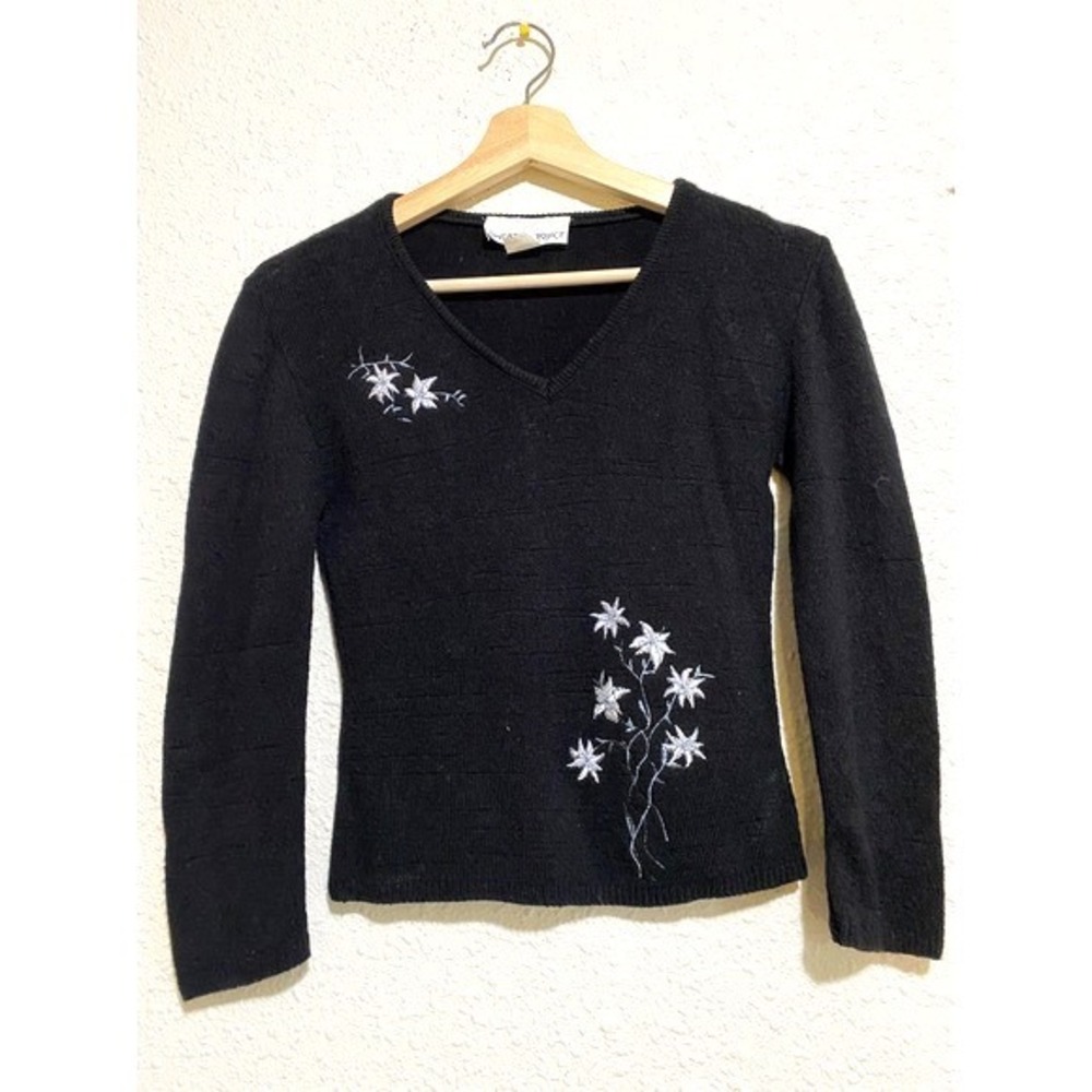 Vintage Sweater Project Black Y2K fairy whimsy gauze goth Floral Knit Sweater S